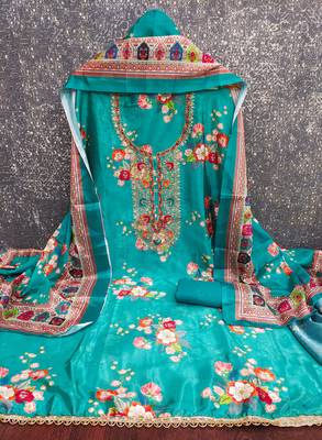  sea green embroidery chinnon dress material 2