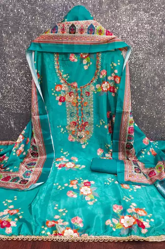  sea green embroidery chinnon dress material