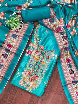  sea green embroidery chinnon dress material 3