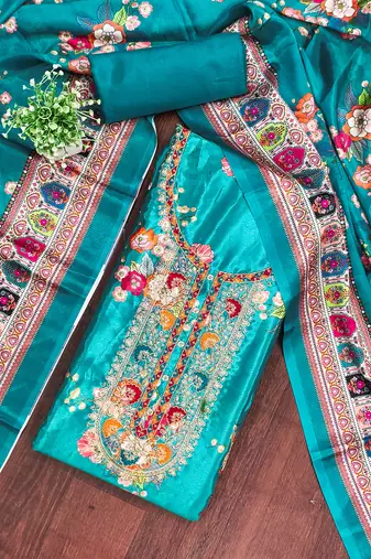  sea green embroidery chinnon dress material