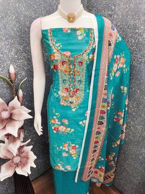  sea green embroidery chinnon dress material 4