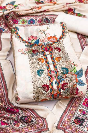 Women's white embroidery chinnon dress material