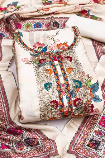 Women's white embroidery chinnon dress material