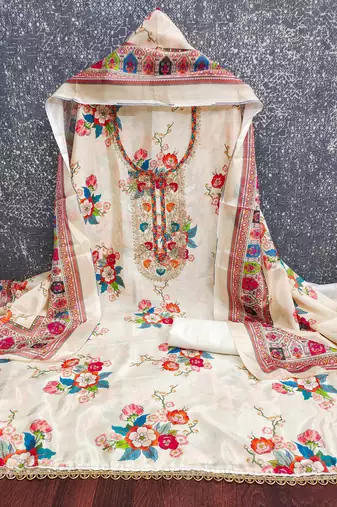  white embroidery chinnon dress material