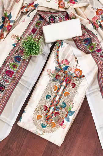  white embroidery chinnon dress material