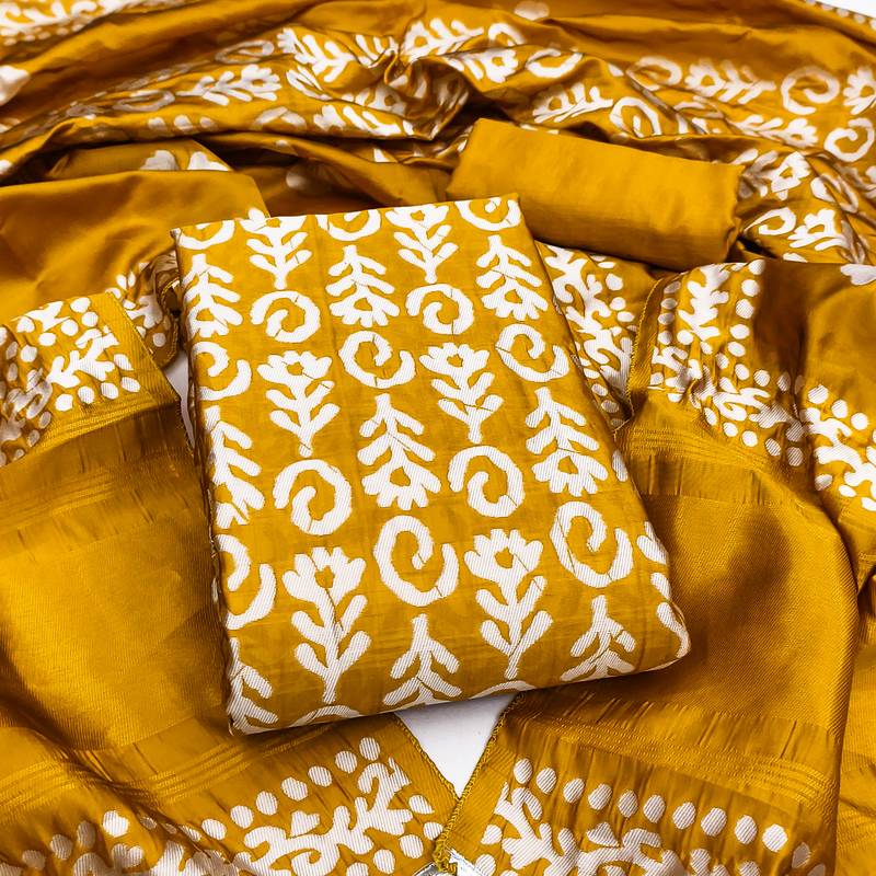 Women's mustard woven print silk dress material