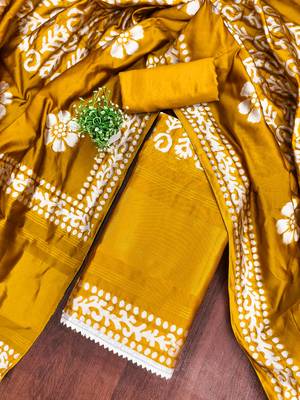  mustard woven print silk dress material 3