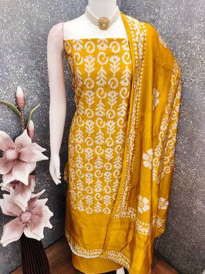  mustard woven print silk dress material 4