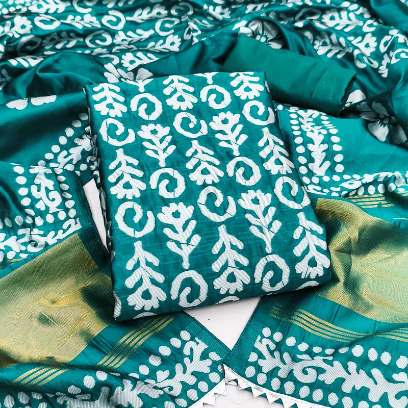 Women's sea green woven print gajji silk dress material