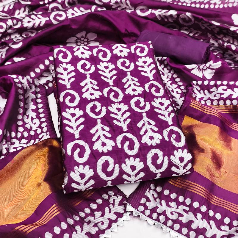 Women's voilet woven print gajji silk dress material