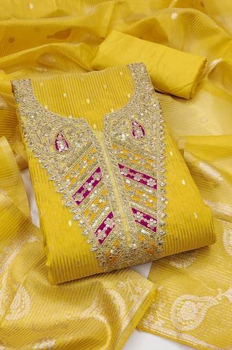 Women's mustard embroidery jacquard dress material