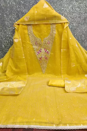  mustard embroidery jacquard dress material