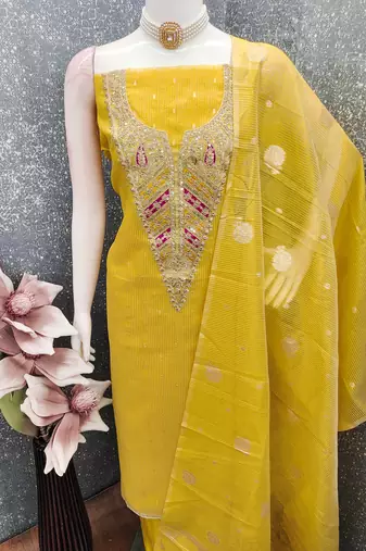  mustard embroidery jacquard dress material