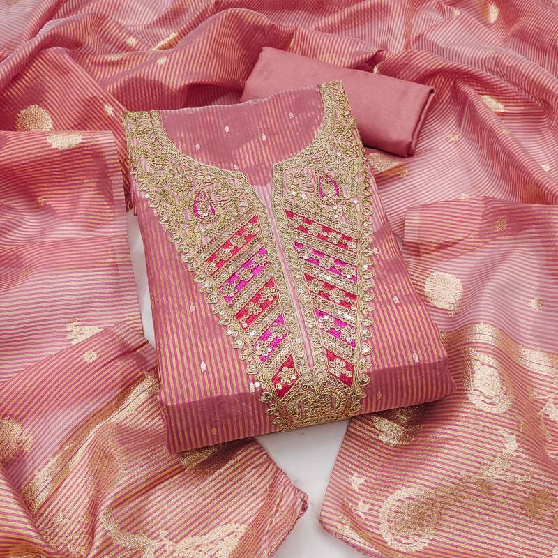 Women's pink embroidery jacquard dress material