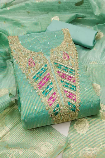 Women's sea green embroidery jacquard dress material