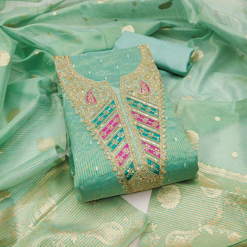 Women's sea green embroidery jacquard dress material