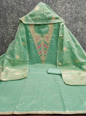  sea green embroidery jacquard dress material 2