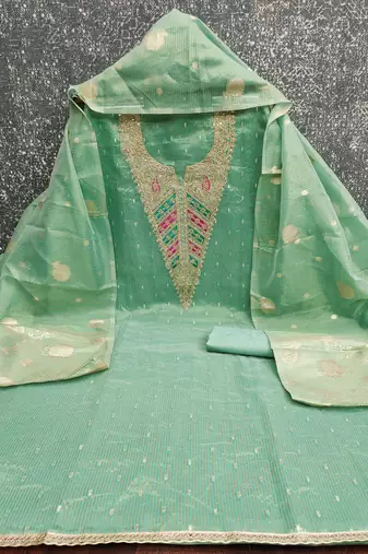  sea green embroidery jacquard dress material