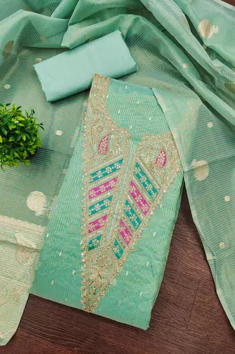  sea green embroidery jacquard dress material