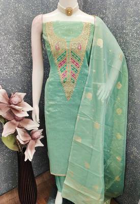  sea green embroidery jacquard dress material 4