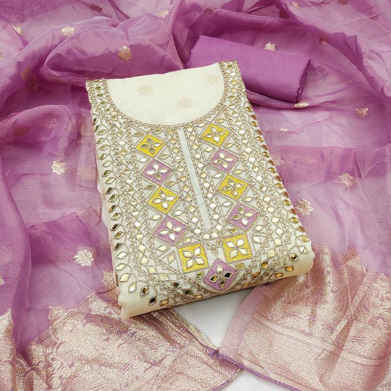 Women's off white embroidery jacquard dress material