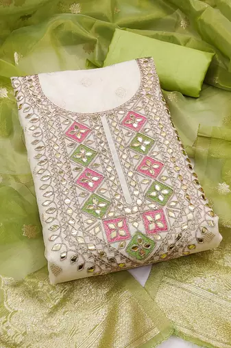 Women's off white embroidery jacquard dress material