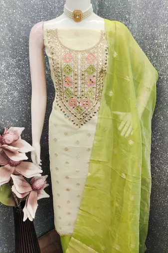  off white embroidery jacquard dress material