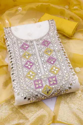 Women's off white embroidery jacquard dress material