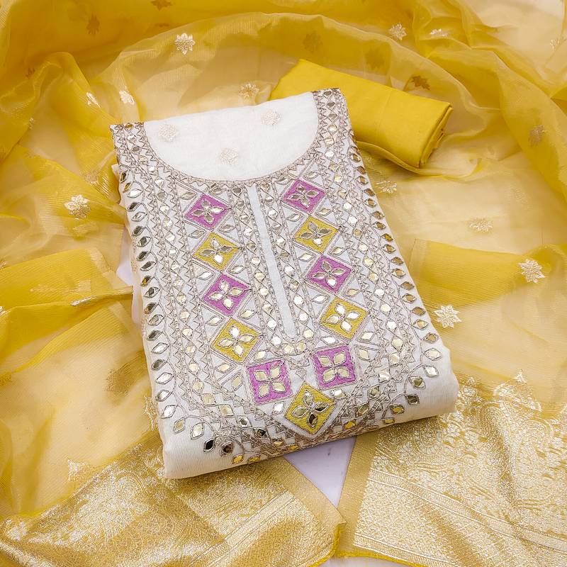 Women's off white embroidery jacquard dress material