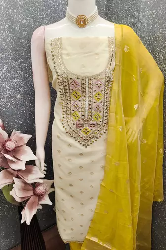  off white embroidery jacquard dress material