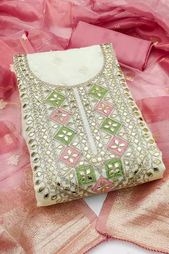 Women's off white embroidery jacquard dress material