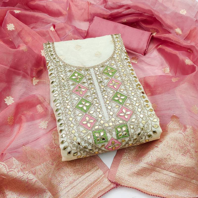 Women's off white embroidery jacquard dress material