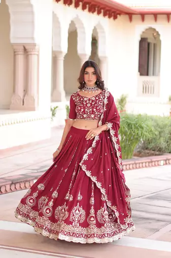 Maroon Vichitra Silk Sequins Embroidered Lehenga Choli And Duptta