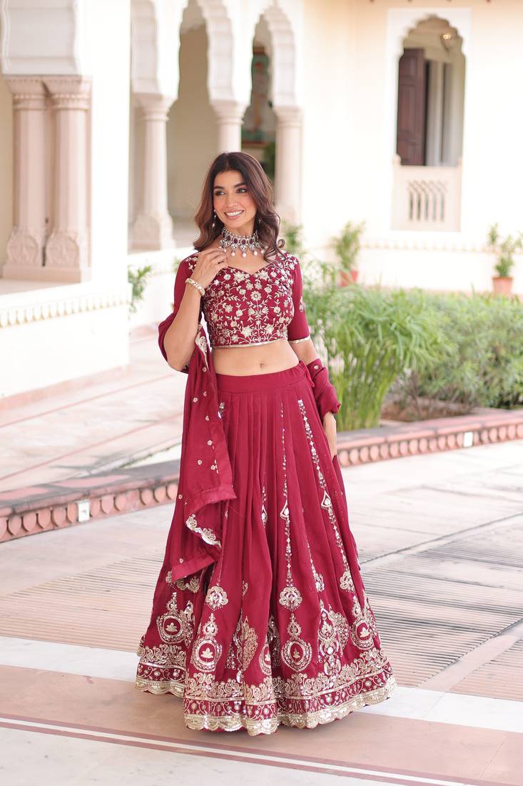 Maroon Vichitra Silk Sequins Embroidered Lehenga Choli And Duptta