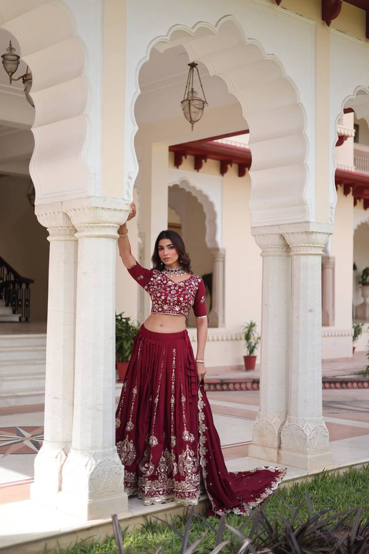 Maroon Vichitra Silk Sequins Embroidered Lehenga Choli And Duptta