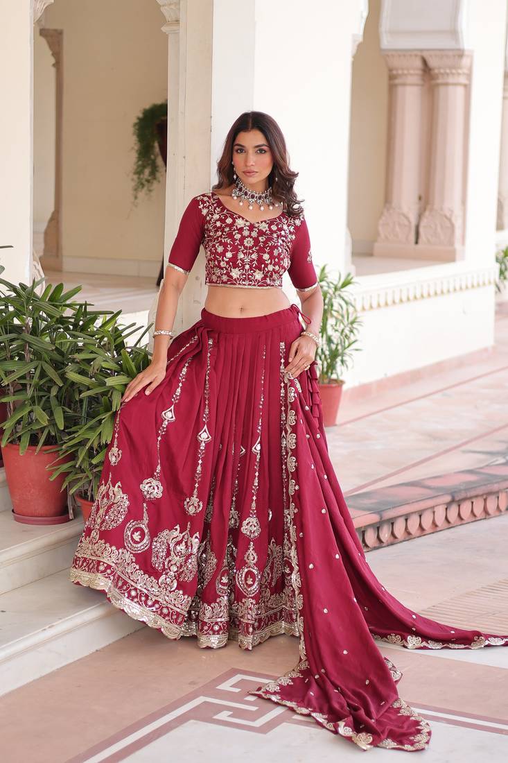 Maroon Vichitra Silk Sequins Embroidered Lehenga Choli And Duptta