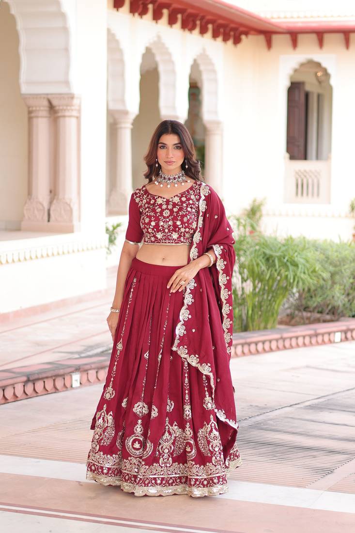 Maroon Vichitra Silk Sequins Embroidered Lehenga Choli And Duptta