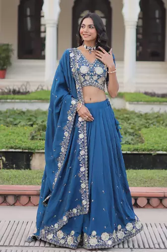 Blue Silk Sequins Embroidered Lehenga Choli And Duptta
