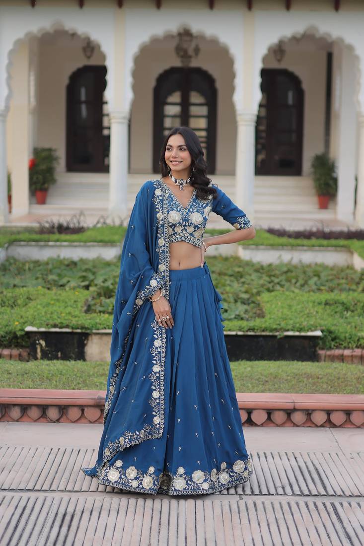 Blue Silk Sequins Embroidered Lehenga Choli And Duptta