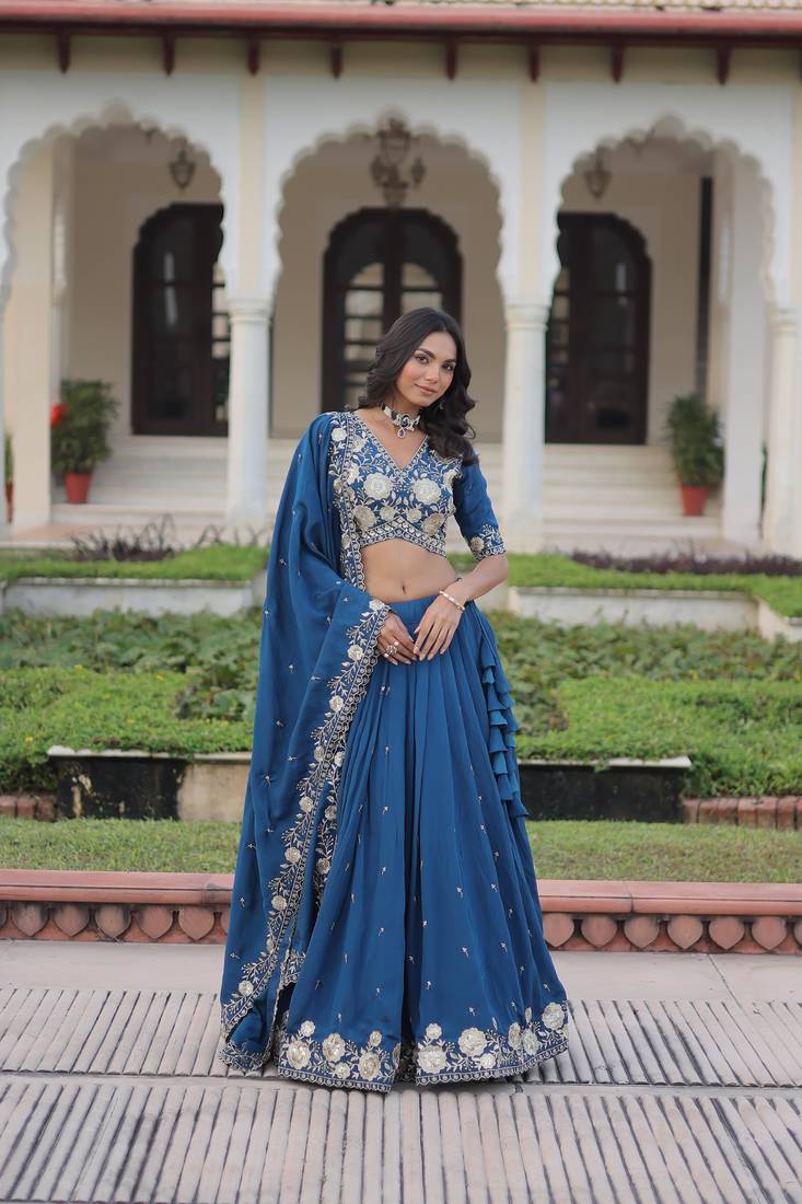 Blue Silk Sequins Embroidered Lehenga Choli And Duptta