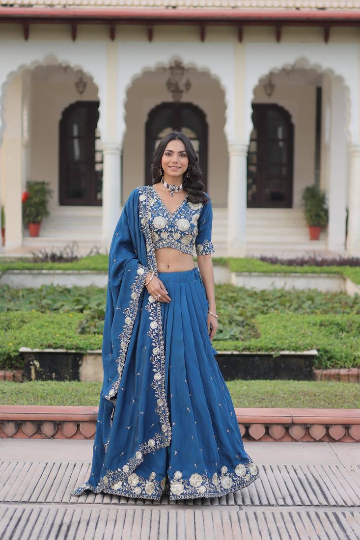 Blue Silk Sequins Embroidered Lehenga Choli And Duptta