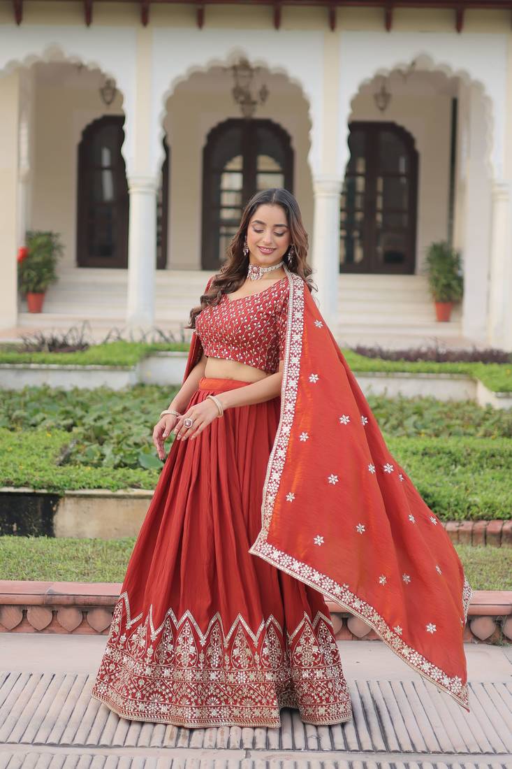 Maroon Vichitra Silk Sequins Embroidered Lehenga Choli And Duptta
