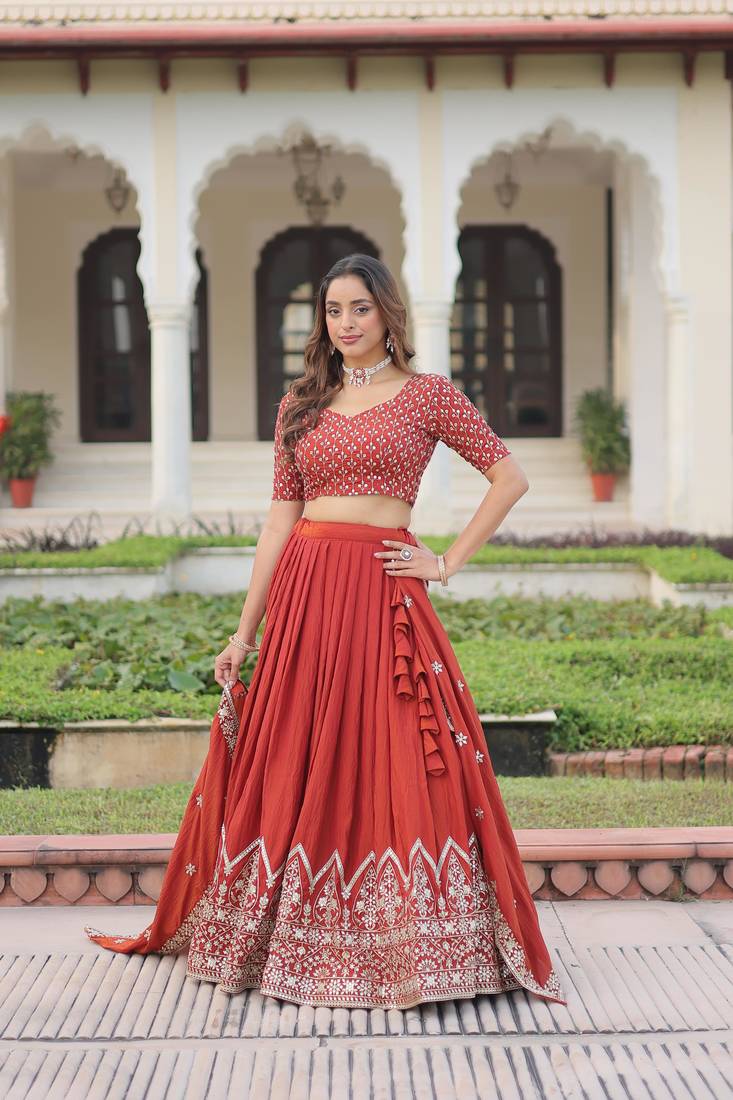 Maroon Vichitra Silk Sequins Embroidered Lehenga Choli And Duptta