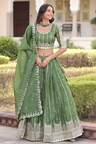 Green Silk Sequins Embroidered Lehenga Choli And Duptta