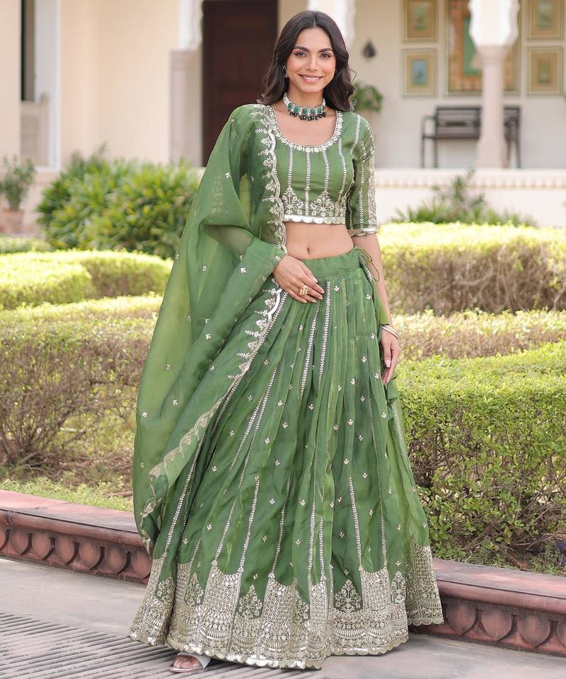 Green Silk Sequins Embroidered Lehenga Choli And Duptta