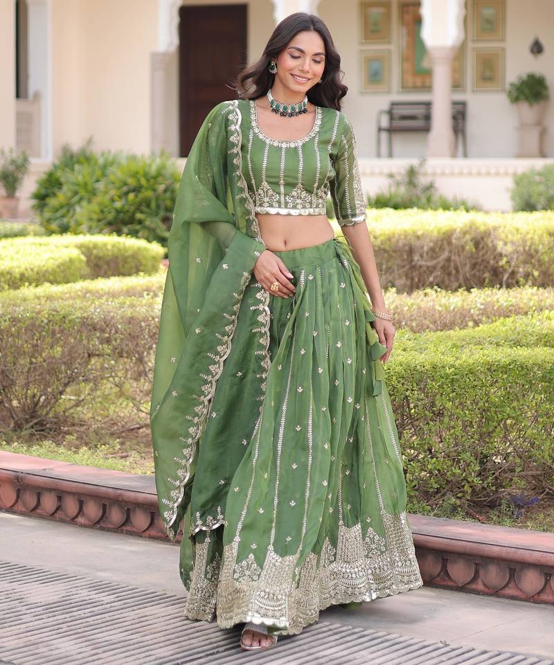 Green Silk Sequins Embroidered Lehenga Choli And Duptta