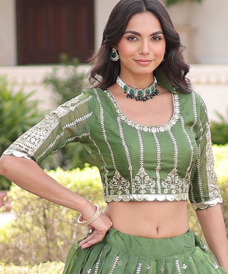 Green Silk Sequins Embroidered Lehenga Choli And Duptta