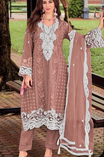Peach embroidered silk pakistani salwar suit