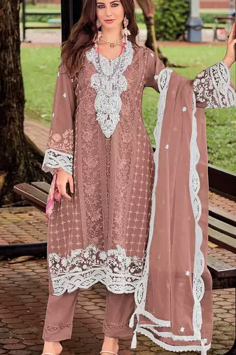Peach embroidered silk pakistani salwar suit