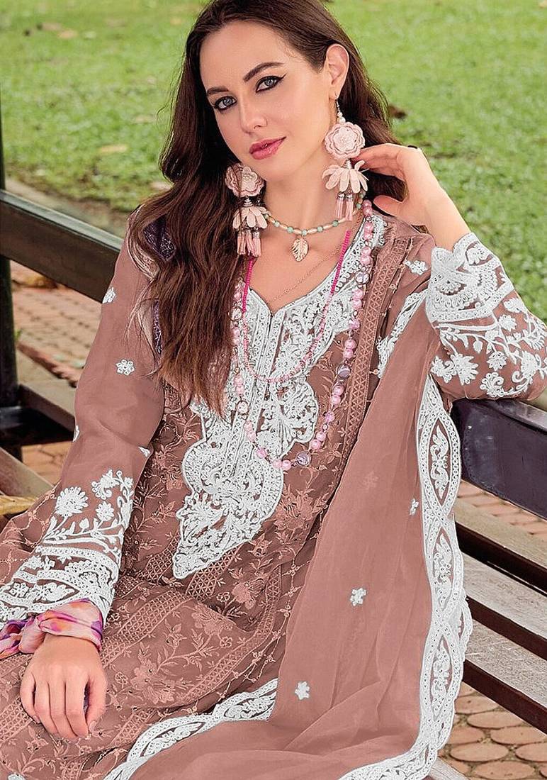Peach embroidered silk pakistani salwar suit